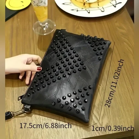 Black Rivet Grid Crossbody Shoulder Bag - Picture 2 of 5